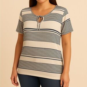 CHASER Striped Keyhole Bell Sleeve Cream Blue Shirt Top Size L
